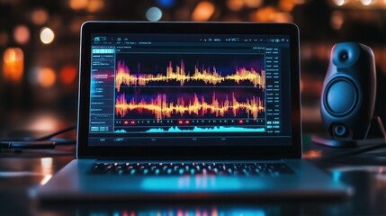 Laptop screen displaying a waveform with colorful lines and a speaker in the background.