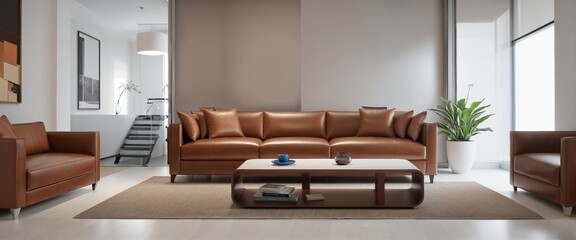 Wall Mural - Front view of modern brown leather sofa, interior design