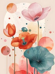 Wall Mural - Watercolor Floral Illustration with Abstract Shapes