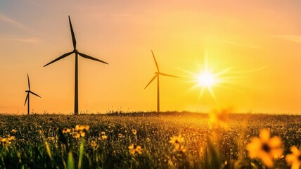 Wall Mural - A scenic view of wind turbines in a field during sunset, surrounded by blooming flowers, highlighting renewable energy and nature's beauty.