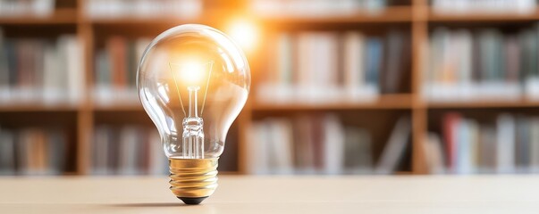 Glowing light bulb on a desk in front of blurred bookshelves.