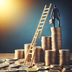 ladder on coins. A ladder leaning on stacked coins, symbolizing climbing the ladder of financial success.