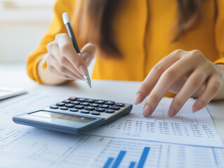 A woman is sitting at a desk with a laptop and a calculator