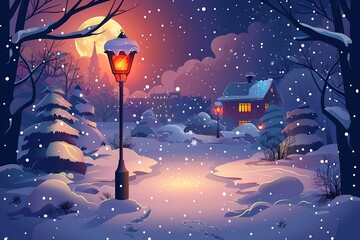 Sticker - Snowy Night in Winter Landscape with Illuminated Street Lamp