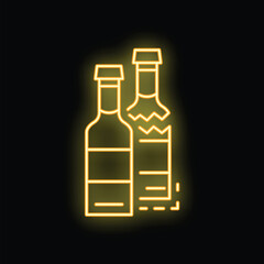 Canvas Print - Neon sign of two bottles, one full and one broken, glowing yellow on a black background, perfect for illustrating concepts of alcoholism, addiction, danger, or fragility