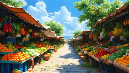 Wall Mural - Charming rustic market street bustling with vibrant stalls of fresh fruits and vegetables beneath a clear blue sky