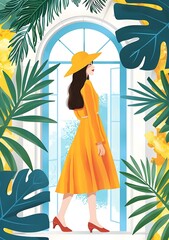 Wall Mural - Woman in Yellow Dress and Hat Standing by Window with Tropical Plants