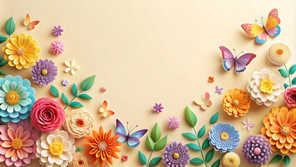 Colorful paper-cut style flowers and butterflies on cream background, paper-cut, art, colorful, flowers, butterflies