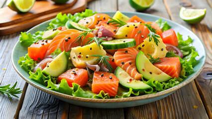 Fresh and colorful salad with salmon, tartar, avocado, and fish , healthy, seafood, gourmet, delicious, dish, cuisine