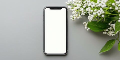 White Flowers And Modern Smartphone On Grey Background