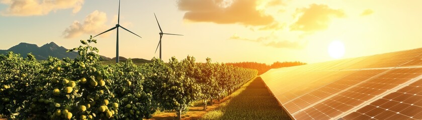 A vibrant landscape showcasing wind turbines, solar panels, and orchards under a golden sunset, highlighting sustainable energy and agriculture.