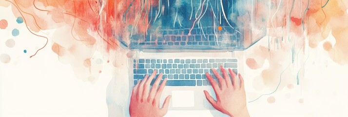 Hands typing on a keyboard with colorful data streaming out of the laptop screen. Creative programming and IT concept.