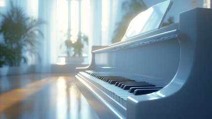 Poster - A bright and serene indoor space featuring a minimalist white piano bathed in soft sunlight, surrounded by lush greenery and elegant decor, creating a peaceful atmosphere