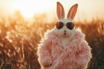 Funny bunny girl in a pink fur coat and sunglasses on the field at sunset with generative ai