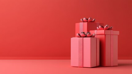 Three red gift boxes with silver bows on a red background.