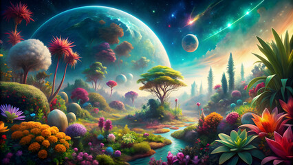 Lush alien planet with colorful flora and fauna, setting the stage for an intergalactic love story, alien, planet, vibrant