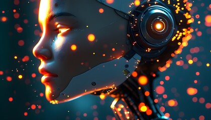 Wall Mural - Enigmatic Female Robot Face Illuminated by Ethereal Lighting and Floating Particles