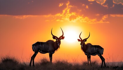 Wall Mural - Majestic antelopes silhouetted against a breathtaking sunset in a natural landscape