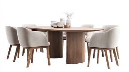 Modern wooden dining table with six chairs and centerpieces.