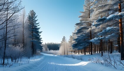 Wall Mural - Serene winter landscape featuring a snow-laden forest path and frosted pine trees beneath a bright blue sky