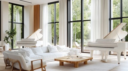 Modern living room with two grand pianos, a white couch, a wooden coffee table, and large windows overlooking a green garden.