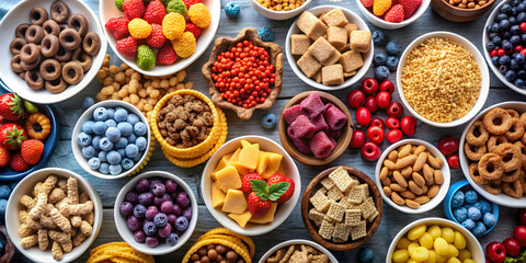 Wall Mural - Assortment of cereals, snacks, berries, and candy in small bowls overhead , variety, cereals, snacks, berries, candy