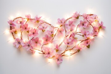 Wall Mural - a whimsical display of heart-shaped string lights intertwined with delicate vines and blooming flowe