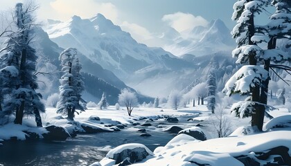 Wall Mural - Enchanting winter scenery with snow-laden trees, a meandering river, and majestic mountains in the distance