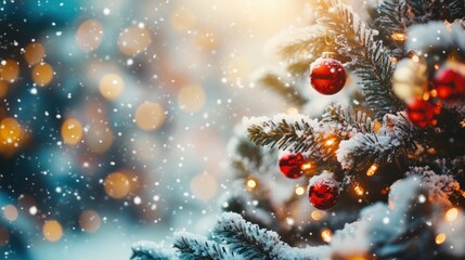 christmas background. xmas tree with snow decorated with garland lights, holiday festive background.