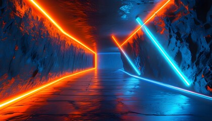 Vibrant abstract neon tunnel with dynamic orange and blue laser rays creating a futuristic atmosphere