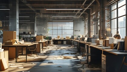 Wall Mural - desolate office space reflecting the impact of recession, bankruptcy, and company closures, highlighting the aftermath of economic downturns