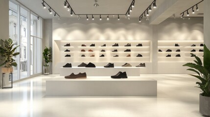 Modern shoe store interior with shoes displayed on shelves, a plant, and large windows.