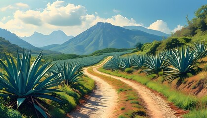 Wall Mural - Scenic dirt road winding through agave plants with mountainous backdrop