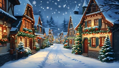 Wall Mural - Charming winter village street adorned with snow, twinkling lights, and traditional European architecture