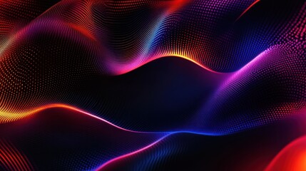 Wall Mural - Abstract digital background with glowing red, blue, and purple particles forming a wavy pattern on a dark background.
