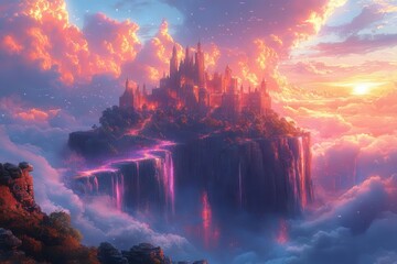 Wall Mural - whimsical fantasy landscape with floating islands connected by rainbow bridges ethereal castles perched on cliffs and luminous flora in surreal colors