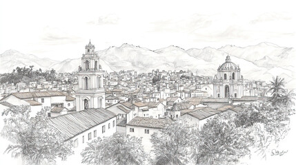 Cusco, Peru, black and white pen pencil hand-drawn effect drawing illustration for travel poster, card, wallpaper, backdrop or banner. Modern, clear, artistic and simple