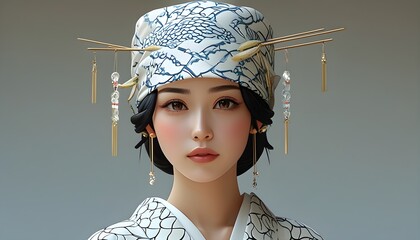 Canvas Print - Stylishly Eccentric Female in Japanese Animation with Holographic Patterns and Fashionable Headwear