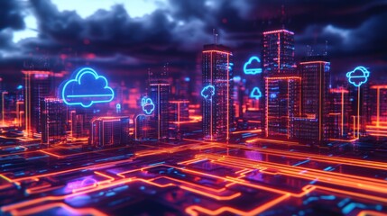 Poster - futuristic cityscape with neon glowing skyscrapers and cloud icons.