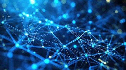 Wall Mural - Abstract blue glowing plexus network with blurred bokeh background.