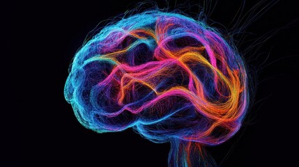 Wall Mural - Abstract brain shape made of neon colored lines on black background.