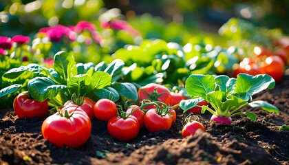 Sunlit Garden Bed Filled with Vibrant Fresh Organic Vegetables