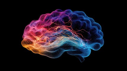 Poster - abstract colorful brain with glowing lines on black background.