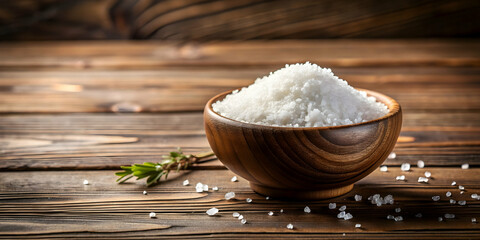 Pile of salt in a decorative bowl on a wooden table , seasoning, condiment, cooking, ingredient, kitchen, white