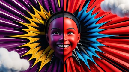 Wall Mural - Vibrant digital artwork of a smiling child with a split background in purple and red, fluffy clouds, and bold radial lines, ideal for children’s posters or playful designs.