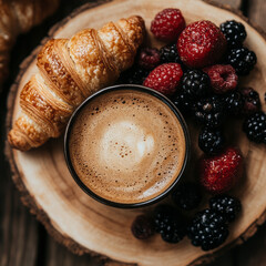 perfect breakfast with coffee and croissants with fruit - - top view