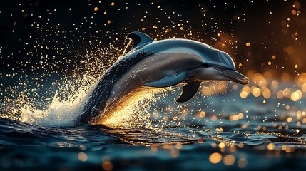 Wall Mural - A dolphin leaps out of the water, creating a splash and spray of water droplets, with a blurry background of golden light.