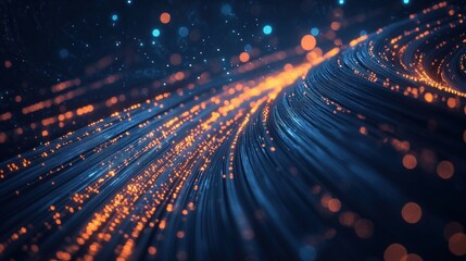 Wall Mural - Abstract blue and orange fiber optic cables with bokeh lights.