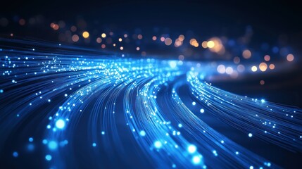 Wall Mural - Abstract blue fiber optic lights on dark background with bokeh lights.