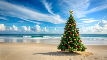 christmas tree on beach with ocean background, christmas in july, summer, holiday, festive, tropical
